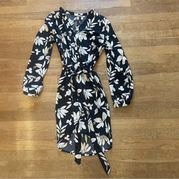 A New Day black white floral flower button-down long sleeve mini dress small b9 - Picture 1 of 6